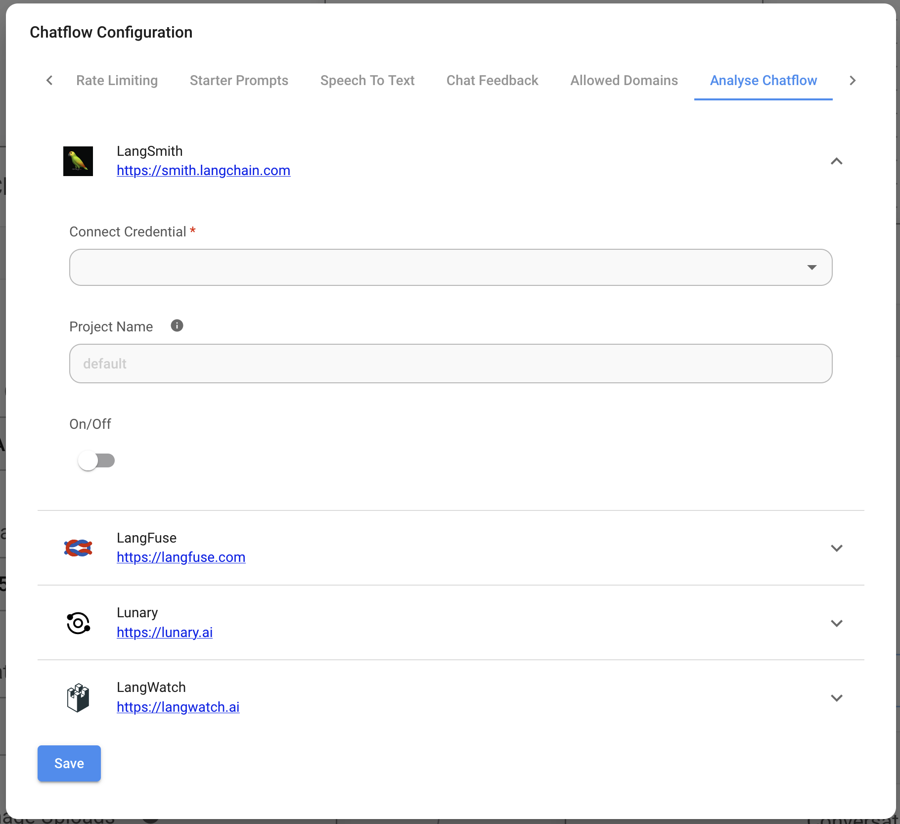 Captura de pantalla de un proveedor de analítica con campos de credenciales expandidos
